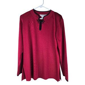 Exclusively Misook Red Long Sleeve Knit Top With Black Trim & Keyhole Neckline